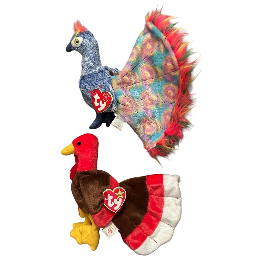 Ty Beanie Baby Flashy the Peacock Gobbles The Turkey Stuffed Animal Lot Of 2